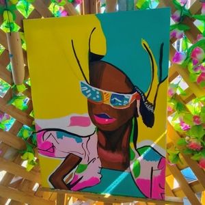 Acrylic Painting on Canvas Beautiful Black Women yellow pink blue